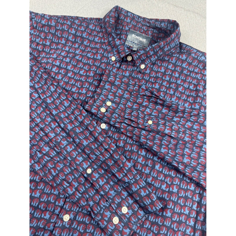 Bonobos Mens XXL Slim Fit Button Down Shirt Navy Burgundy AOP Bear Print